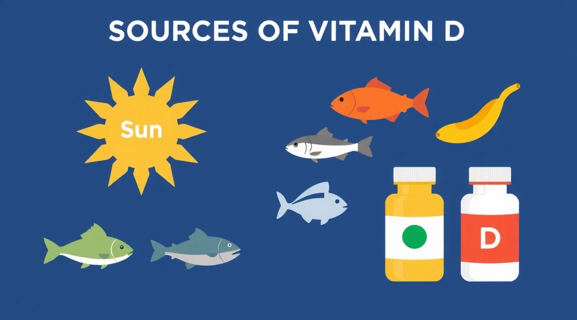 Infographic showing sources of Vitamin D, like sun, fish, and supplements